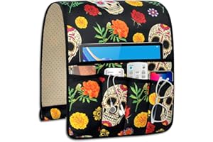 WETRBWEH Remote Control Holder for Armchair Caddy，Couch Caddy Organizer TV Remote Holder for Bed Storage 5 Pockets，Remote Caddy Bedside Organizer Bedside Table Organizer (Black skull, 35"x12.4")
