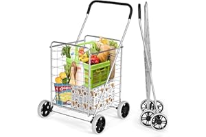 IRONMAX Grocery Shopping Cart, Foldable Heavy Duty Utility Cart w/Large Wheels for Easy Installation and Removal, Lightweight Trolley Cart for Grocery Laundry Luggage (Sliver)