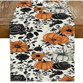 Halloween Black Rose Pumpkin Table Runner 13x72 Inch Linen Flower Thanksgiving Table Decor for Holiday Party Dinning Kitchen Decoration