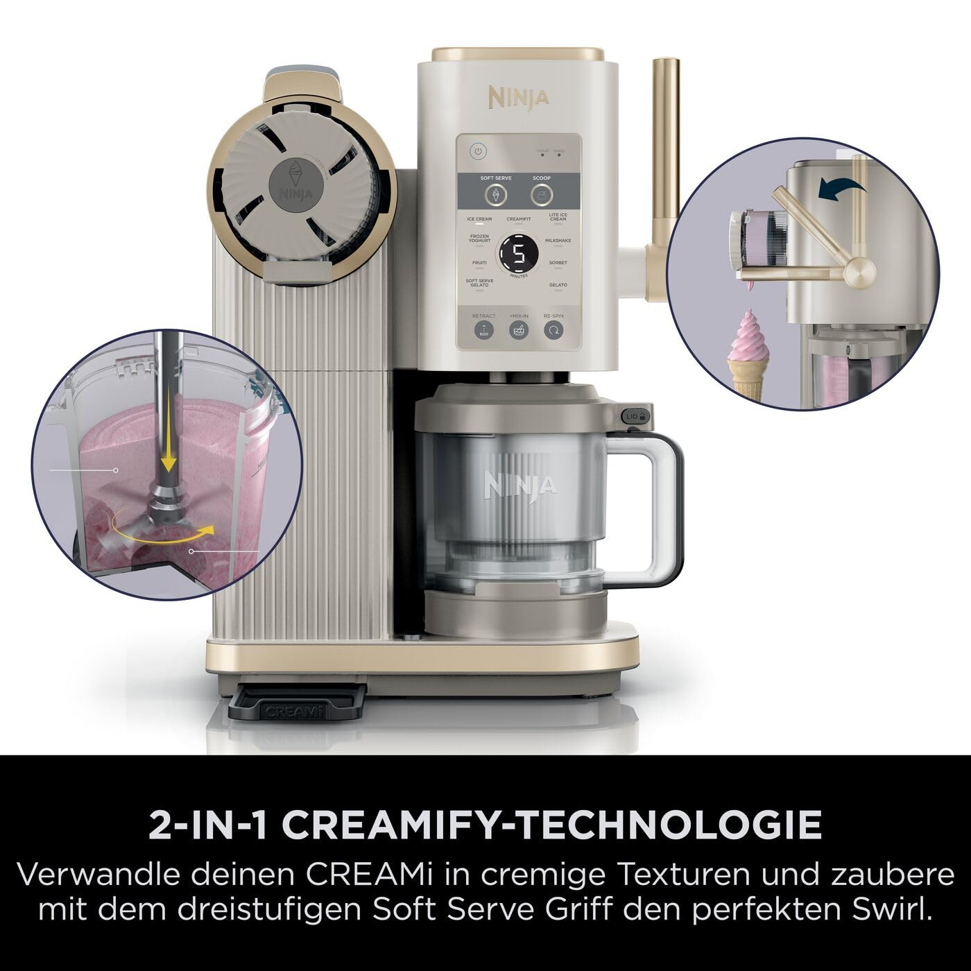 Ninja CREAMi Scoop & Swirl Eismaschine mit 2 Behältern, 13 Funktionen, für Eiscreme, Softeis, Gelato, Sorbet, Milchshakes und mehr, mit Mix-In-Funktion, Stone Gold NC701EUSTGD 8