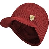 Janey&Rubbins Sports Winter Outdoor Knit Visor Hat Billed Beanie with Brim Warm Fleece Lined for Men and Women