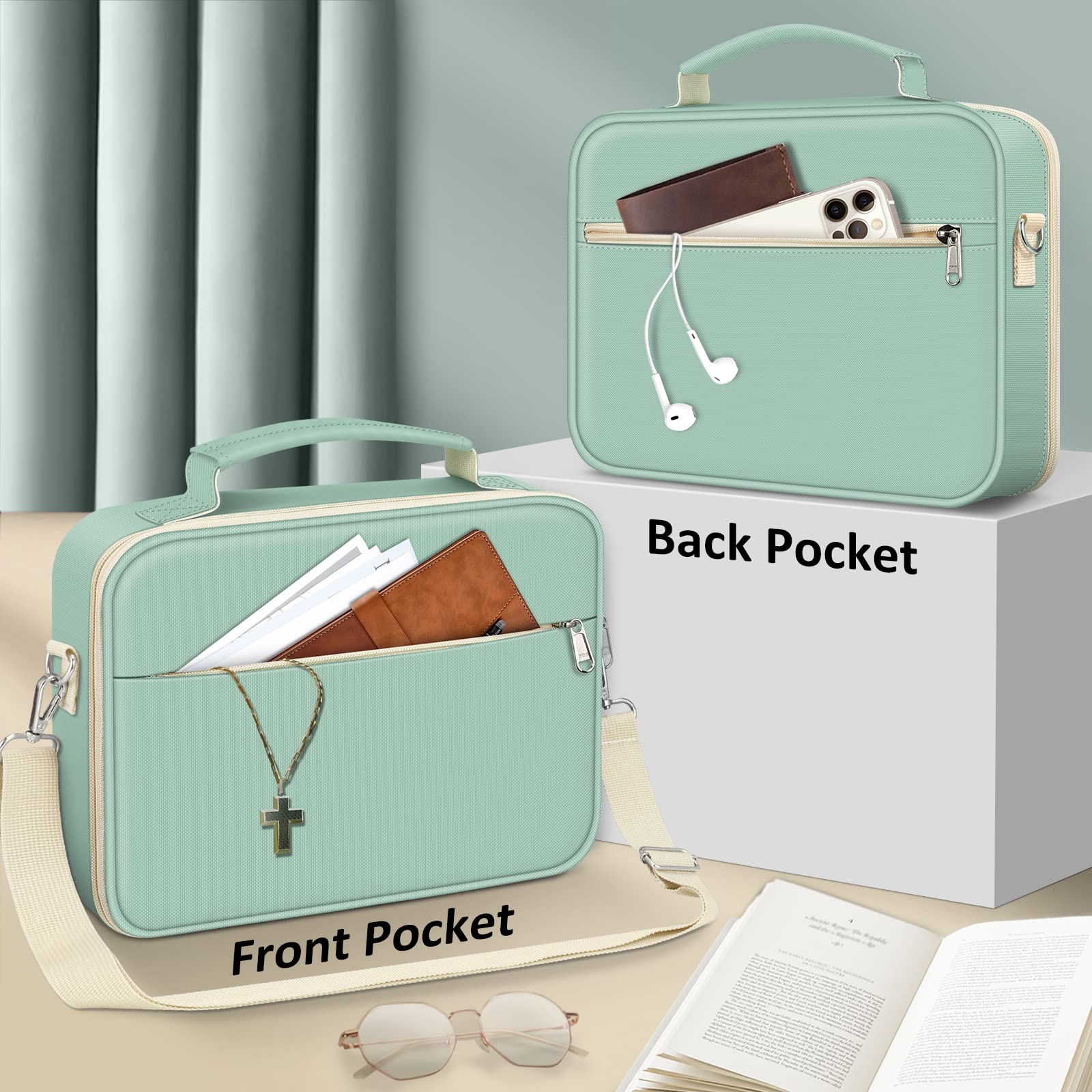 FINPAC Large Bible Cover w/Shoulder Strap, Carrying Book Case Church Bag Bible Protective w/Pen Slots and Zippered Pocket, Gift for Women Lady, Light Green