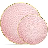 PLASTICPRO 32 Piece Combo Plates Set includes 16-7'' inch Plate & 16-10'' inch Plates Pink Hammered Plastic Party Plate Premium heavyweight Elegant, Disposable, Tableware, Dishes,