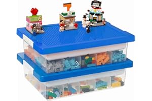 MACOPRO Toys Storage Organizer Box for Lego, Toy Box with Building Plate Lid and Removable Tray, Building Block Storage, Stackable Plastic Organizer Bins (Blue-2Pack)