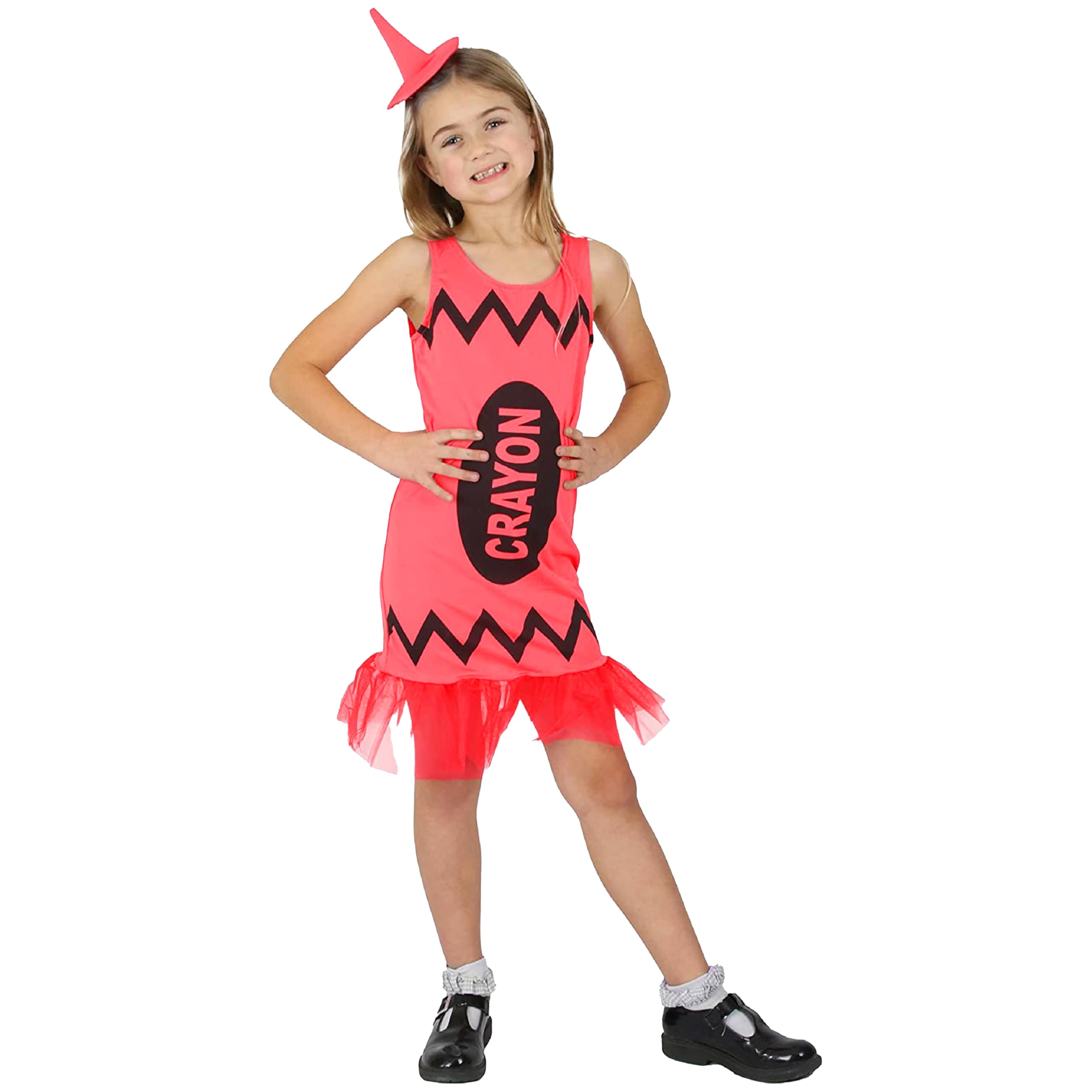 Kids Crayon Costume - Large - Bright Red Dress with Tutu Trim and Matching Pointed Hat - Childs Girls Glitz & Glitter School Book Week World Book Day Fancy Dress Costume