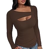 Buauty Womens Ribbed Long Sleeve Shirts Cutout Slim Fit Tee Trendy Sexy Top Fall Fashion 2025 Going Out Tshirts Y2K Clothes Brown