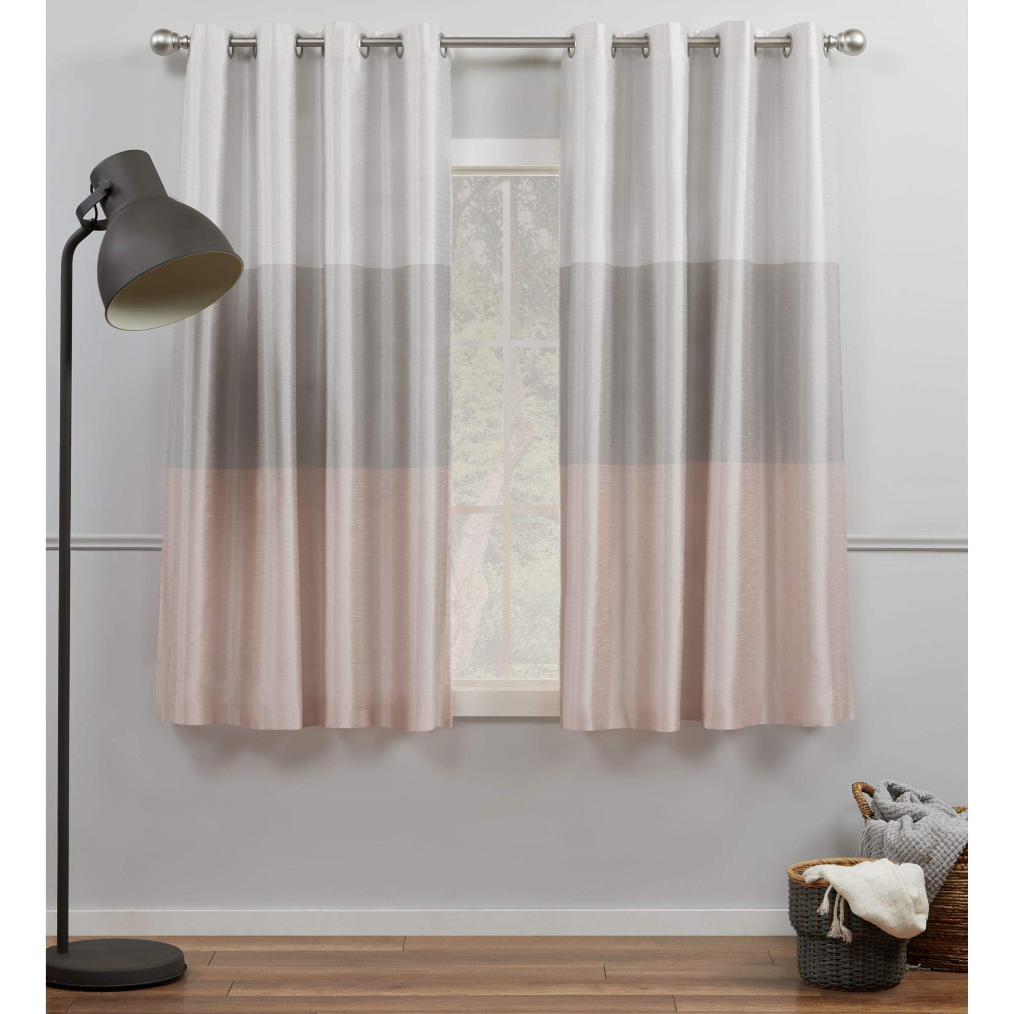 Exclusive Home Curtains Chateau Striped Faux Silk Grommet Top Curtain Panel Pair, 54x63, Blush