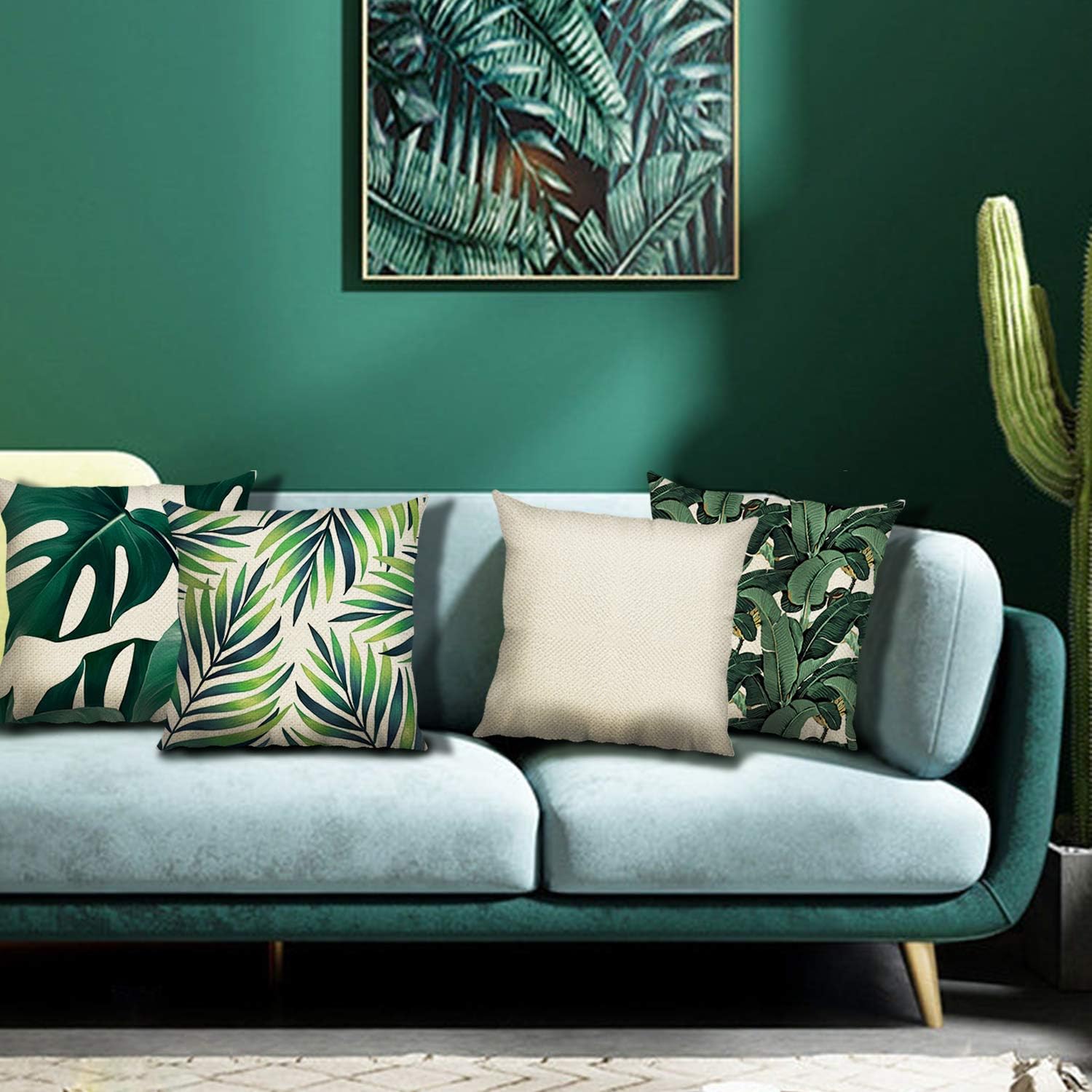 Bonhause Tropical Leaves Cushion Covers 45 x 45 cm Green Leaf Decorative Throw Pillow Covers Polyester Linen Pillowcases for Sofa Garden Outdoor Home Decor Set of 4 - Image 5