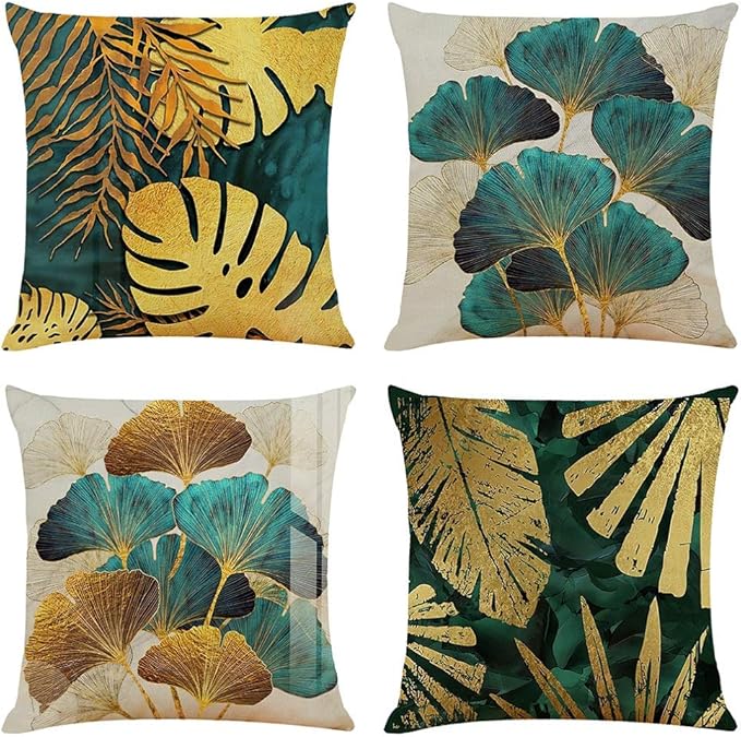 BCKAKQA Throw Pillow Cases Pack of 4 Green and Gold Leaves Cushion