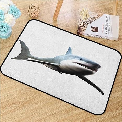 Amazon サメウェルカムドアマットデジタルイラストの野生の海の生き物キャラクターコンピューターアート人工画像玄関マットは無臭で耐久性のあるブルーグレーホワイト 75x45cm 玄関マット オンライン通販