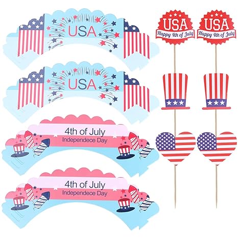 Tendycoco 48pcs Independence Day Cupcake Toppers Wrappers 4th Of
