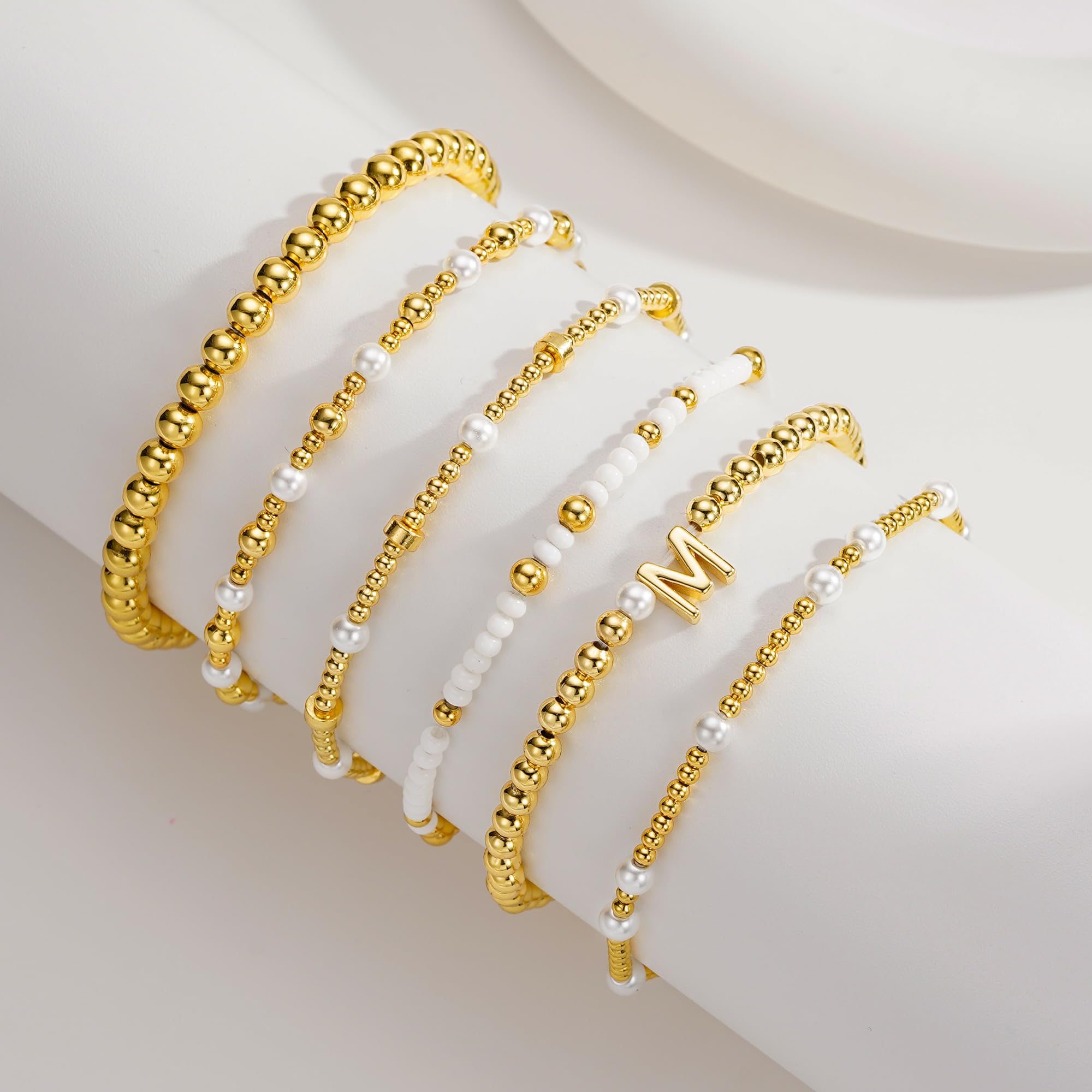 Turandoss 6PCS Beaded Initial Bracelets for Women, 18K Gold Plated Beaded Initial Letter Bracelet for Girls Women, Initial A-Z Stretch Bead Stackable Bracelet Jewelry Set Gifts