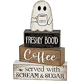 Lineshading 4 Pcs Halloween Coffee Table Decor Wooden Ghost Coffee Bar Sign | Stackable Blocks Bar Farmhouse Rustic Ghost Tiered Tray Decor Festive Boo Wooden Signs Home Office Kitchen Shelf