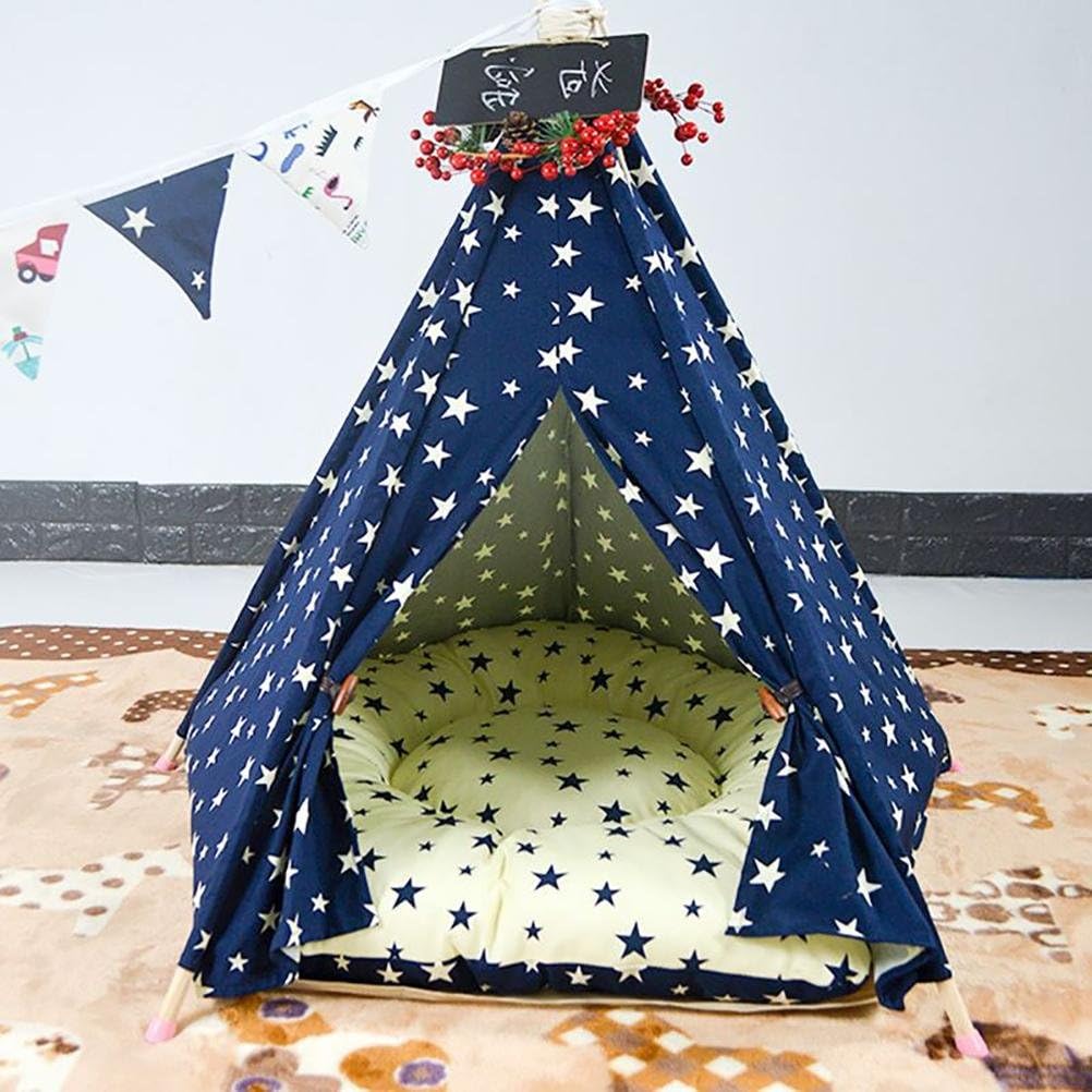 MEIQI Large Pet Teepee Cat Bed House Tents-Blue with White Stars