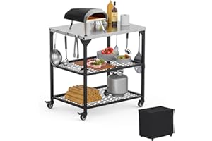 KEESHA Multi-Functional Stainless Steel Pizza Oven Stand Station 35.5 x31.5 x24'' Grill Trolley Stand for Outdoor Indoor Movable Dining Food Prep Cart with 3 Shelves for Ooni, Weber, Blackstone, Ninja