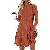 JoyMotion Women's Long Sleeve Sweater Short Dress Ribbed Crew Neck A Line Swing Dress Lightweight Fall Winter Casual Dresses
