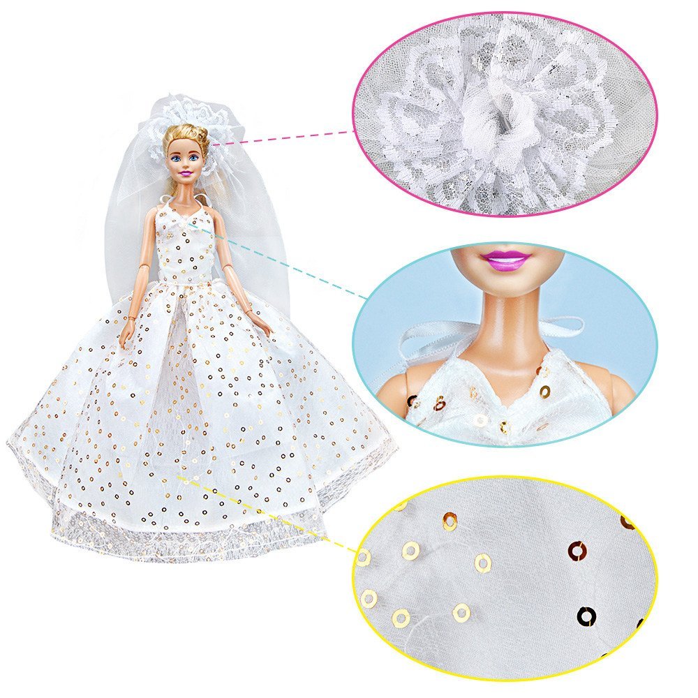 E-TING bambola abito da sposa principessa abito Abito pizzo floreale con Set di sera festa vestito di Paillette Barbie vestiti Cenerentola + velo impostato per Barbie Doll---miglior regalo per la vostra ragazze (Bambola Non è Incluso)