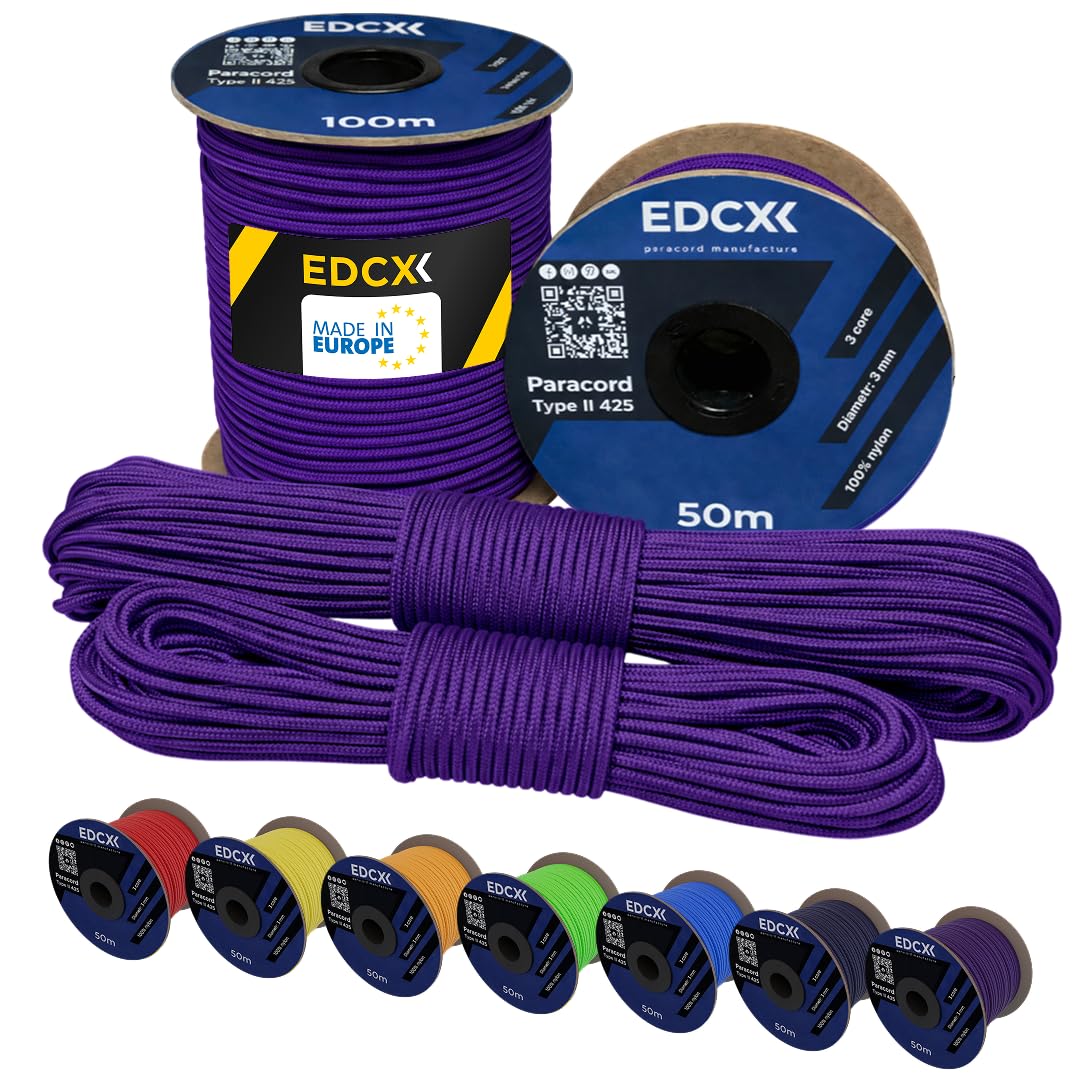 EdcX 3 mm Nylon Paracord 425 (15, 30, 50 and 100m) – 3 mm Type II, 100% Nylon Rope, 3 Strand Rope, 3 mm Nylon Rope in Many Colors (Purple, 30 m)