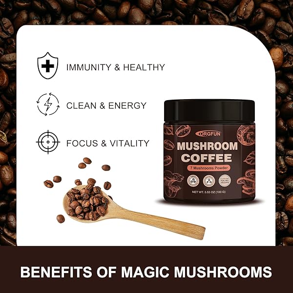 ORGFUN PREMIUM MUSHROOM COFFEE WITH 7 SUPERFOOD MUSHROOMS, GREAT TASTING ARABICA INSTANT COFFEE, INCLUDES CHAGA, LION’S MANE, REISHI, CORDYCEPS, MAITAKE, AND TURKEY TAIL, SHIITAKE 3.53 OZ