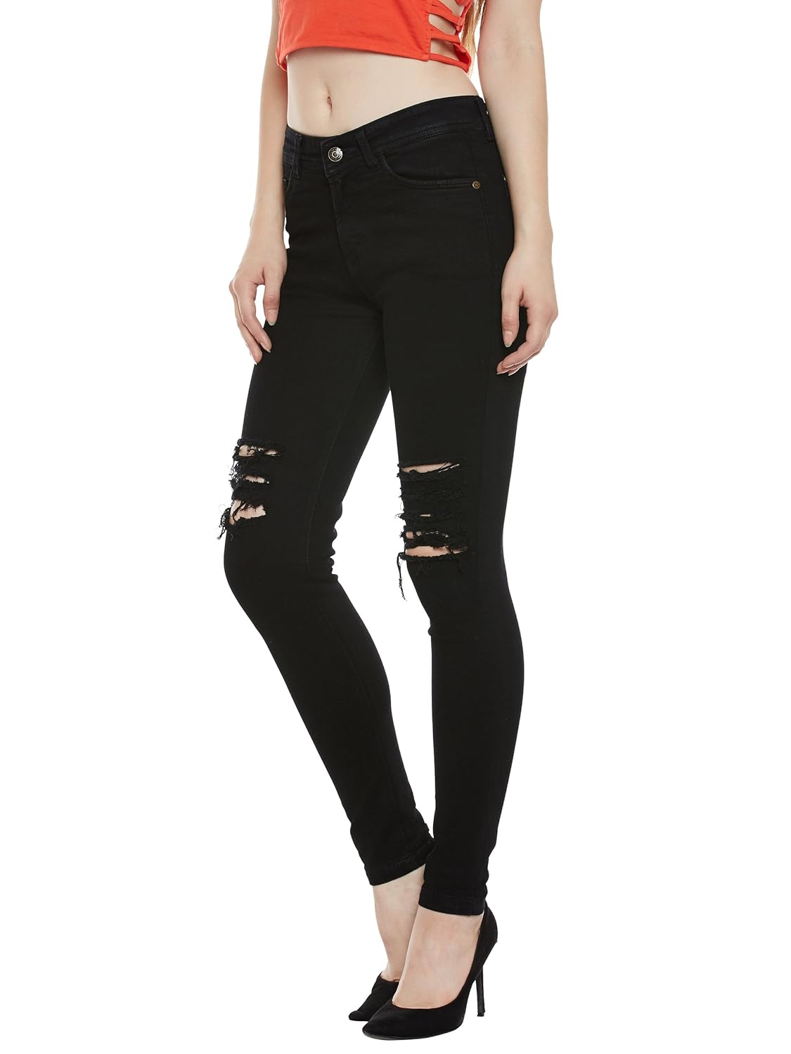 miss chase women's black slim fit ripped jeans