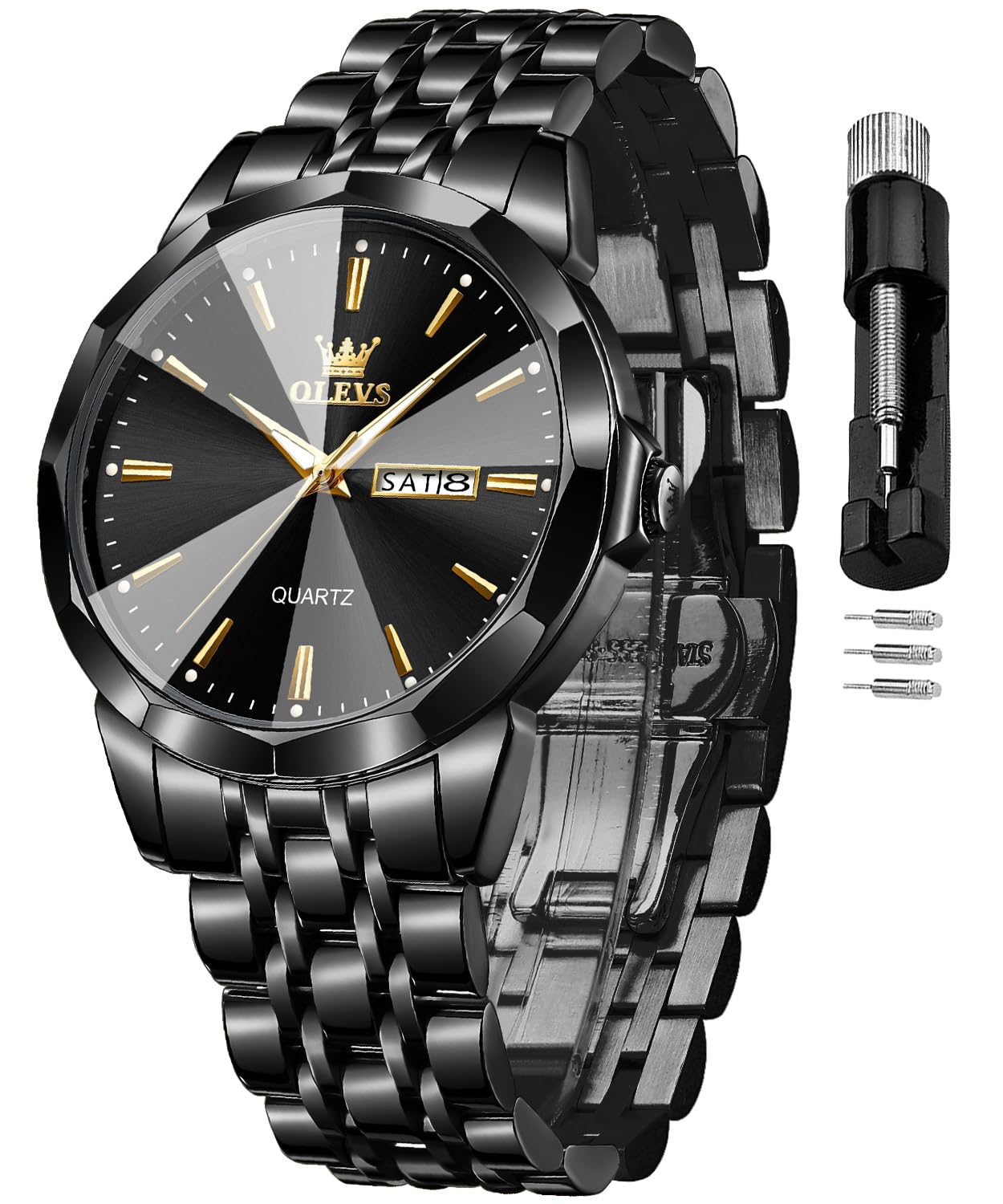 OLEVS Men's Watch Luxury Business Dress Watch UK Diamond Design Quartz Stainless Steel Waterproof Luminous Week Calendar Gift