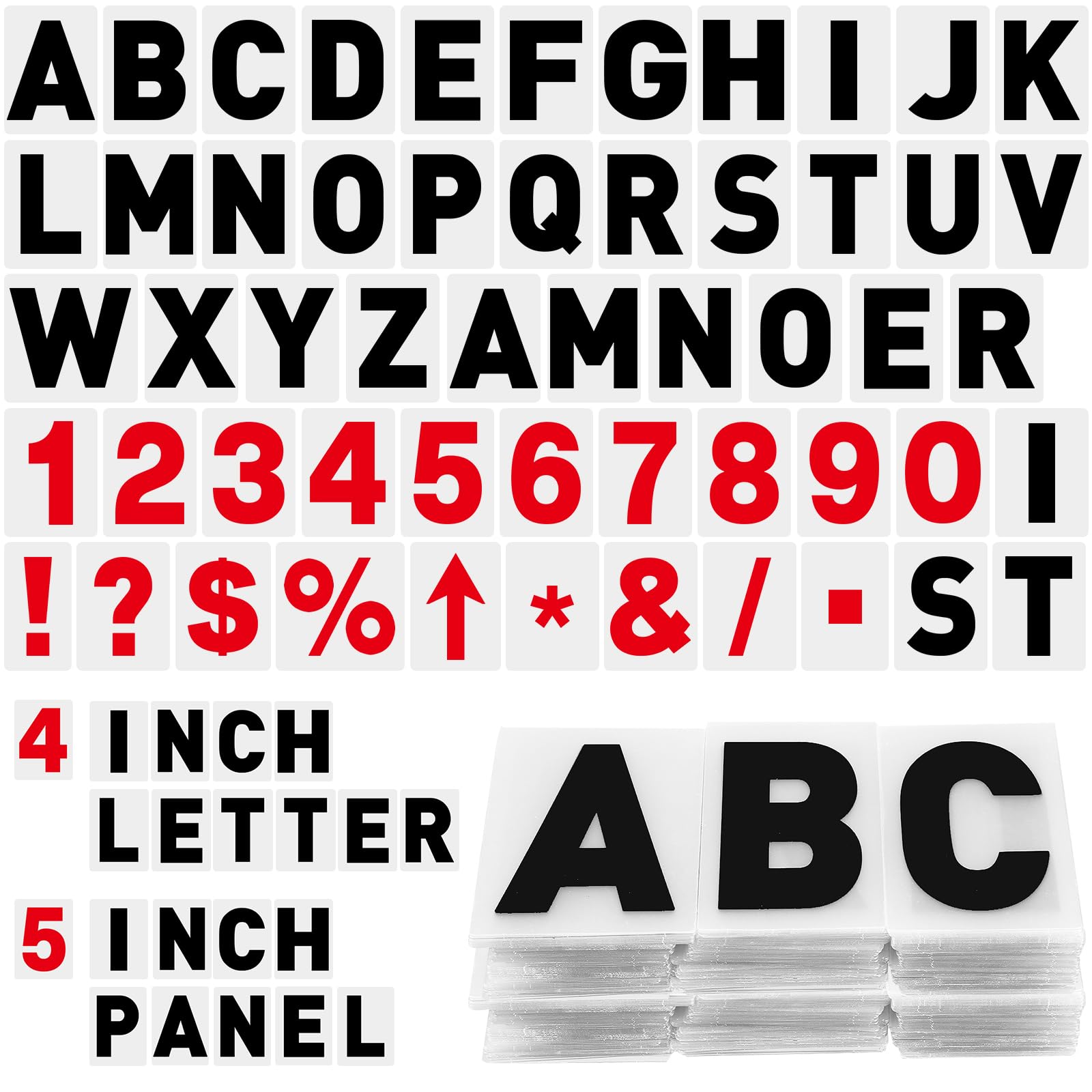 Photo 1 of Leinuosen 300 Pcs Sign Letter Printed on Marquee Flexible Outdoor Black Portable Sign Board Plastic Changeable Letters and Numbers Punctuation Acrylic Numbers(4'', 5'')