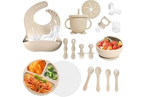 CATVEGUE Baby Led Weaning Supplies, 17 Piece BPA-Free Silicone Feeding Set, Eating Essentials Baby Utensils with Suction Plate and Bowl, Pocket Bib, Sippy Cup with Lid, for 6+ Months, Beige