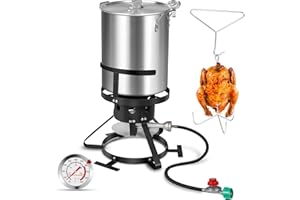 RYHOFOUD 30QT Turkey Fryer & 30QT Strainer Basket, Aluminum Turkey Deep Fryer, Turkey Fryer Pot with Propane Gas Line Holder& Thermometer for Party/courtyard/outdoor