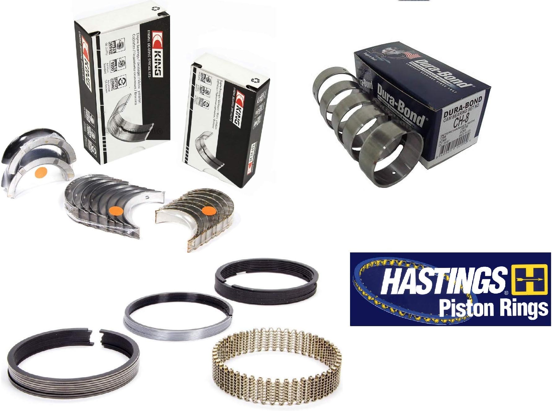 King engine Rod, Main & Durabond Cam Bearings & Hastings Moly Rings compatible with 1968-95 CHEVY SBC 327 350 5.7