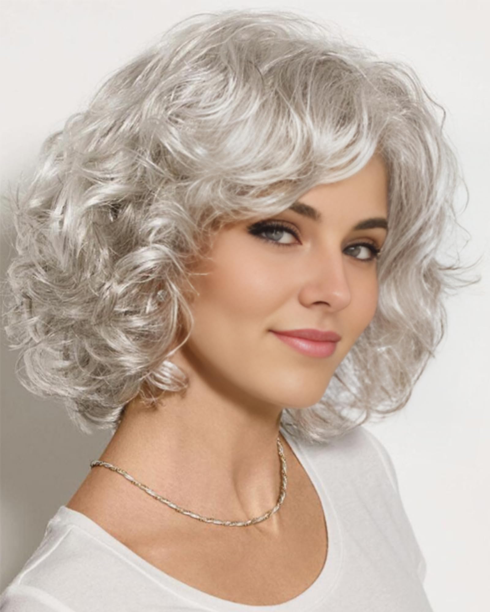 Photo 1 of RENERSHOW Short Sliver Gray Curly Wigs for White Women Grey Mix Little Light Brown Wavy Bob Wig with Curtain Bangs Heat Synthetic Daily to Party Womens Wig