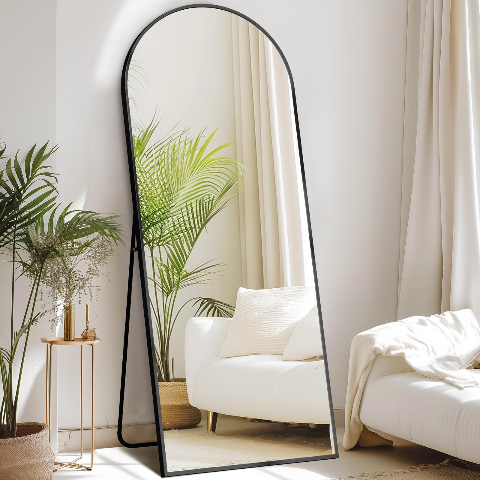 Photo 1 of 64"x21" Arched Full Length Mirror with Stand Floor Free Standing Aluminum Frame for Bedroom Body Hanging Leaning Modern Simple Home Decor Shatter-proorf Nano Glass Wall, Black-Rounded