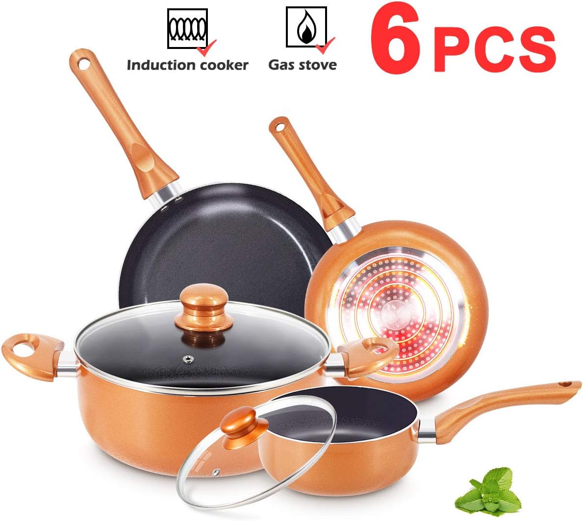 KUTIME 6pcs Cookware Set NonStick Frying Pans Set Ceramic Coating Soup