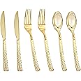 Nervure 300PCS Gold Hammered Plastic Silverware - Heavy Duty Plastic Cutlery - Gold Disposable Utensils Includes 100 Forks, 100 Knives, 100 Spoons Perfect for Wedding & Party