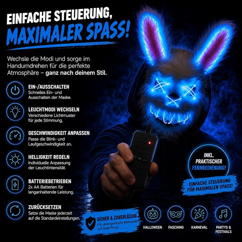 Horror Hase LED Grusel Maske - wie aus Purge steuerbar, Gesicht leuchtend, für Halloween, Fasching & Karneval als Kostüm für Herren & Damen (LED Horror Hase) — Foto 5 von 7