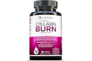 VITAUTHORITY Multi Collagen Burn: Multi-Type Hydrolyzed Protein Peptides with Hyaluronic Acid, Vitamin C, SOD B Dimpless, Types I, II, III, V and X, Caffeine-Free (Unflavored Capsules)