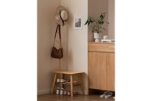 Wayshome Solid Wood Shoe Changing Bench + Coat Rack - Foyer Entryway Furniture for Hall Tree Organization and Storage - Modern Classical Oak (Logs 23.6inch)