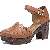 Altxic Women's Closed Round Toe Hollow Out Vamp Ankle Strap Buckle Low Block Chunky Heels Sandals Camel 8.5 US