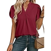 EVALESS Women's Dressy Casual Business Work Chiffon Blouses Tops Summer V Neck Cute Loose Petal Short Sleeve T-Shirts
