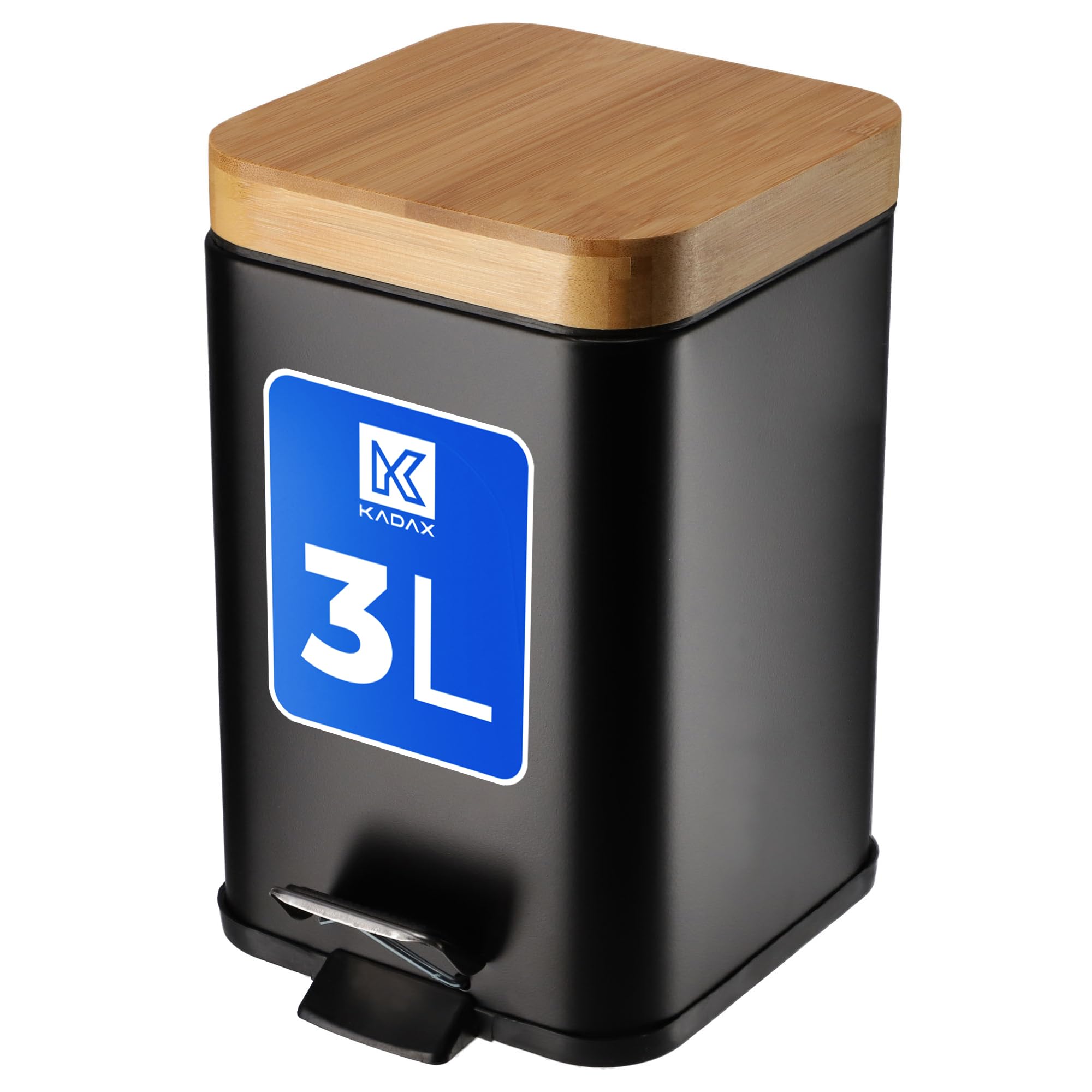 KADAX Toilet Bin, Powder-Coated Steel Kitchen Waste Bin with Bamboo Lid, Small Bathroom Trash Can with Foot Pedal and Internal Bucket (3L, Black, Rectangular)
