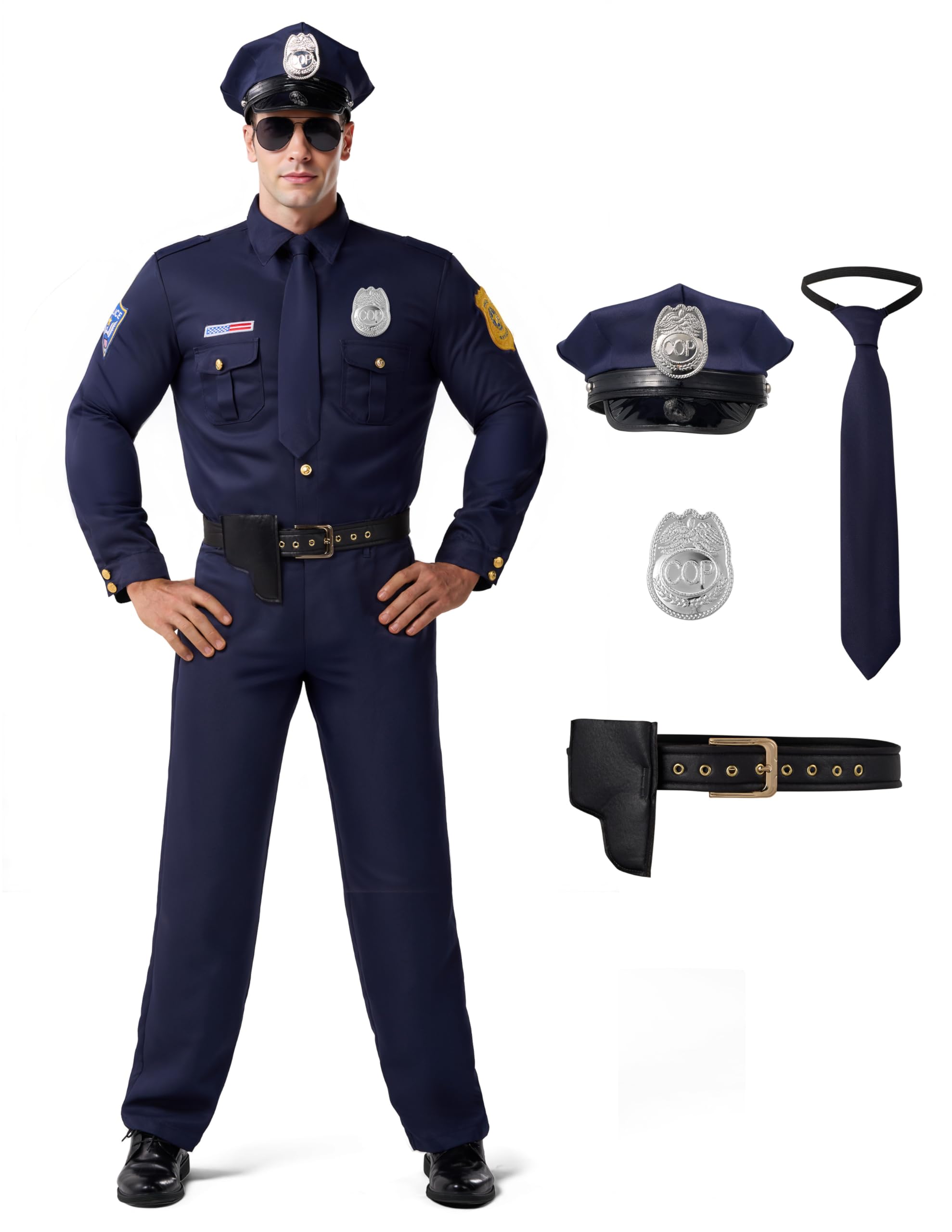 Photo 1 of ***Tie and badge are missing.*** Spooktacular Creations Halloween Cop Costume Men, Blue Police Costume for Cop Adult Halloween Costume Cosplay Party S