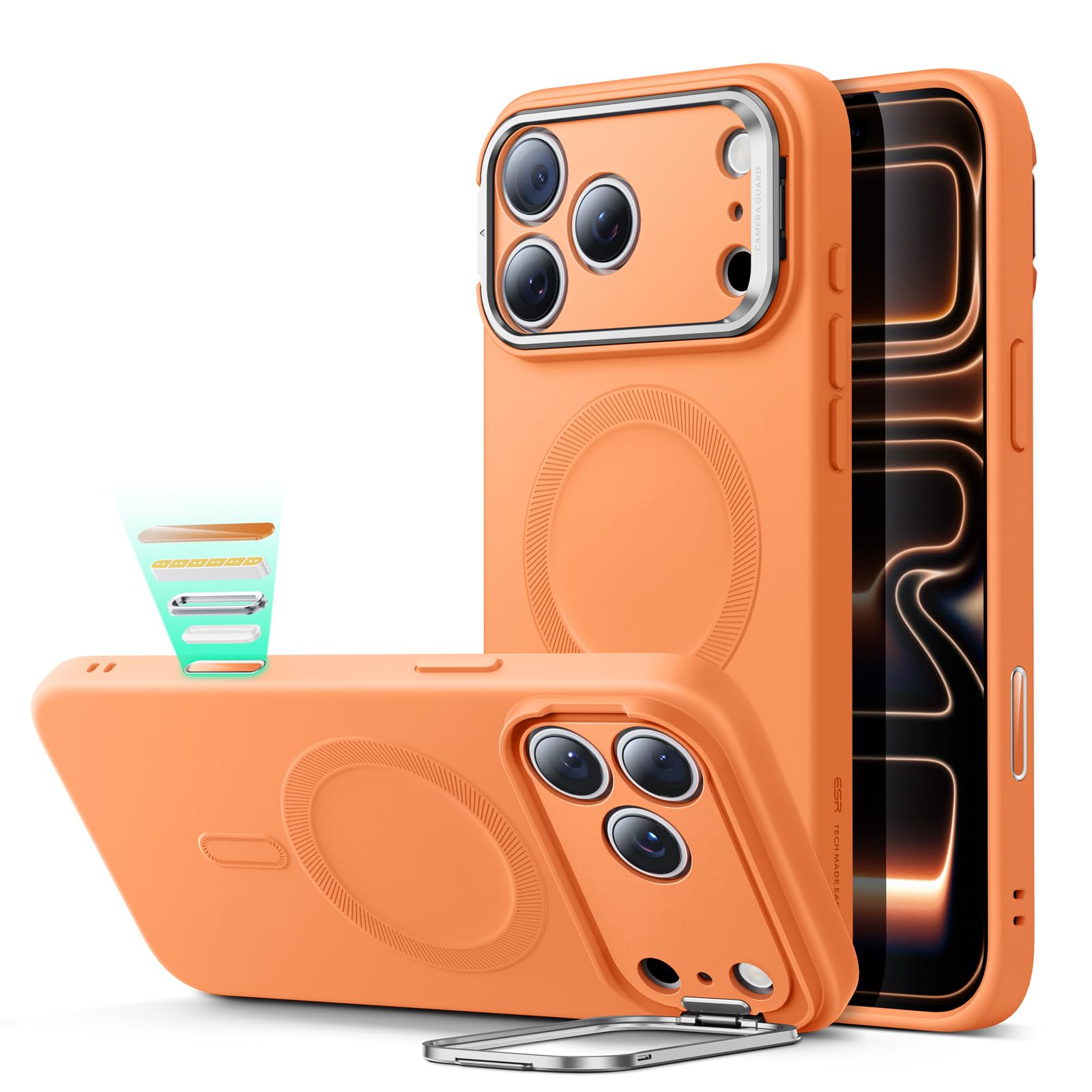 Photo 1 of ESR Silicone Case for iPhone 17 Pro Max, Built-in Camera Stash Stand Compatible with MagSafe, Military-Grade Drop Protection Magnetic Phone Case for iPhone 17 Pro Max, Cloud Series, Orange