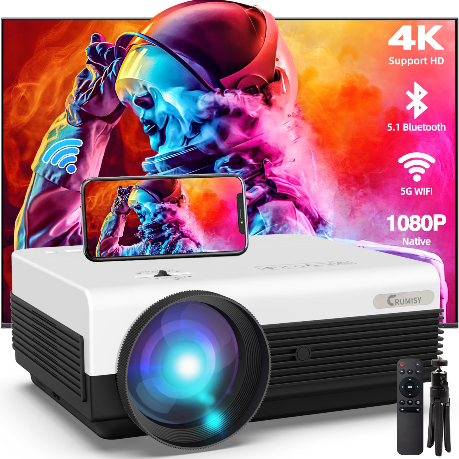 Crumisy Mini Projector with WiFi and Bluetooth, Native 1080P Outdoor ...