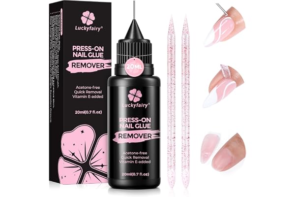 Luckyfairy Pinpoint Nail Glue Remover: 20ml Press on Nail Remover with Cuticle Pusher, Gentle Glueoff, Quick Nail Remover for