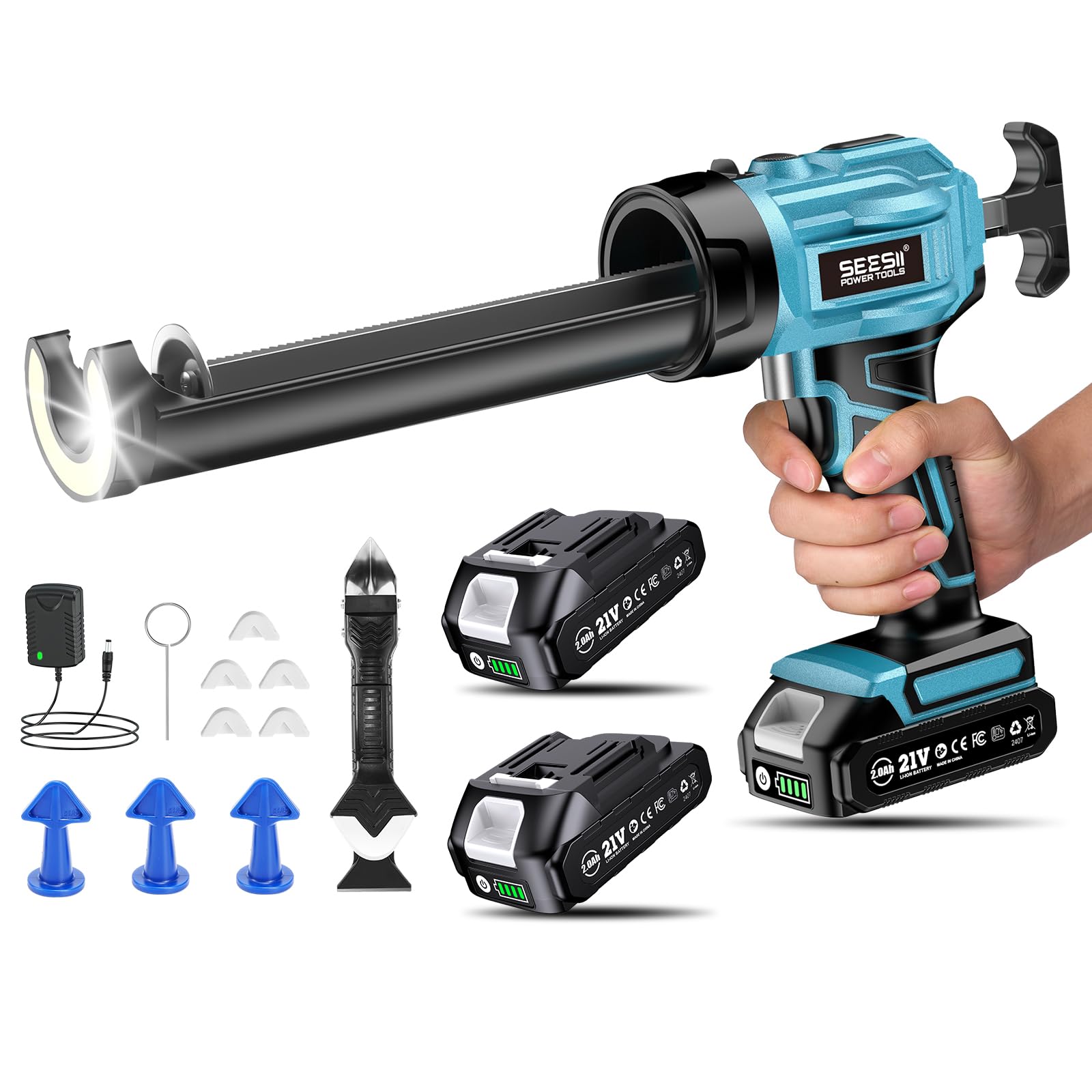 Photo 1 of SEESII Cordless Caulking Gun, 21V Battery Powered Caulk Gun, Electric Caulking Gun w/2 x 2.0Ah Batteries, 9Pcs Caulk Remover Tool, LED Light, Auto Retract for Filling, Sealing (Blue)