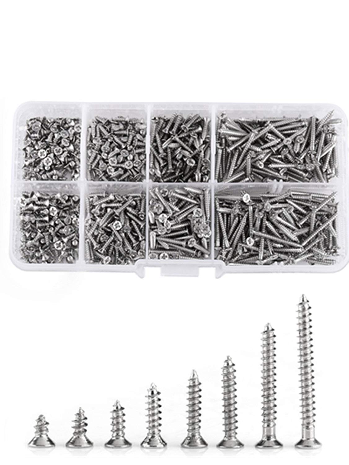 800pcs M2 Cross Flat Head Screws, 4mm-20mm(8 Sizes) Length Nickle-Plated Carbon Steel Self-Tapping Screws Woodworking Screws Fasteners Assortment Kit with Storage Box
