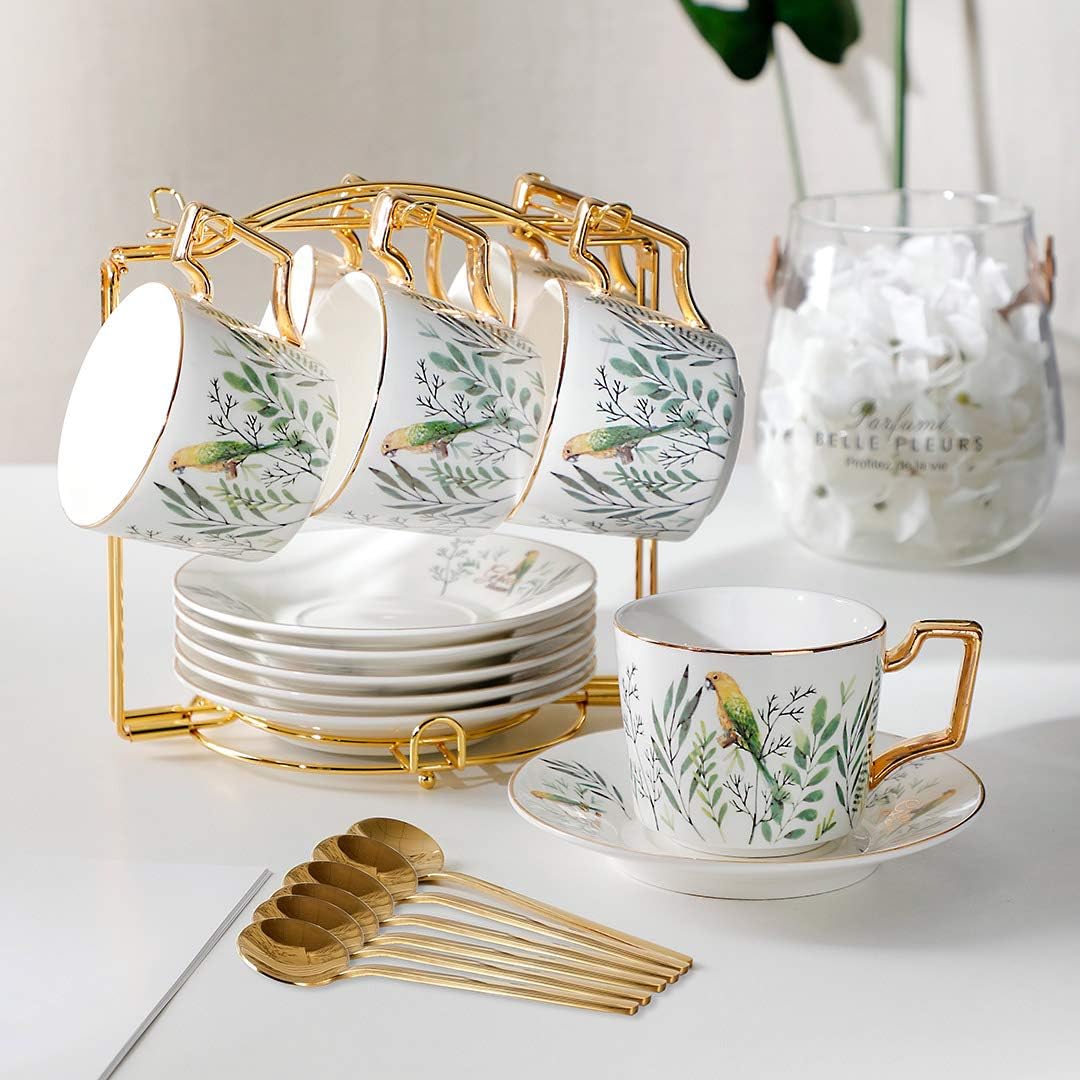 YOLIFE Tea Cups and Saucers Sets, 8 Ounce Ceramic Coffee