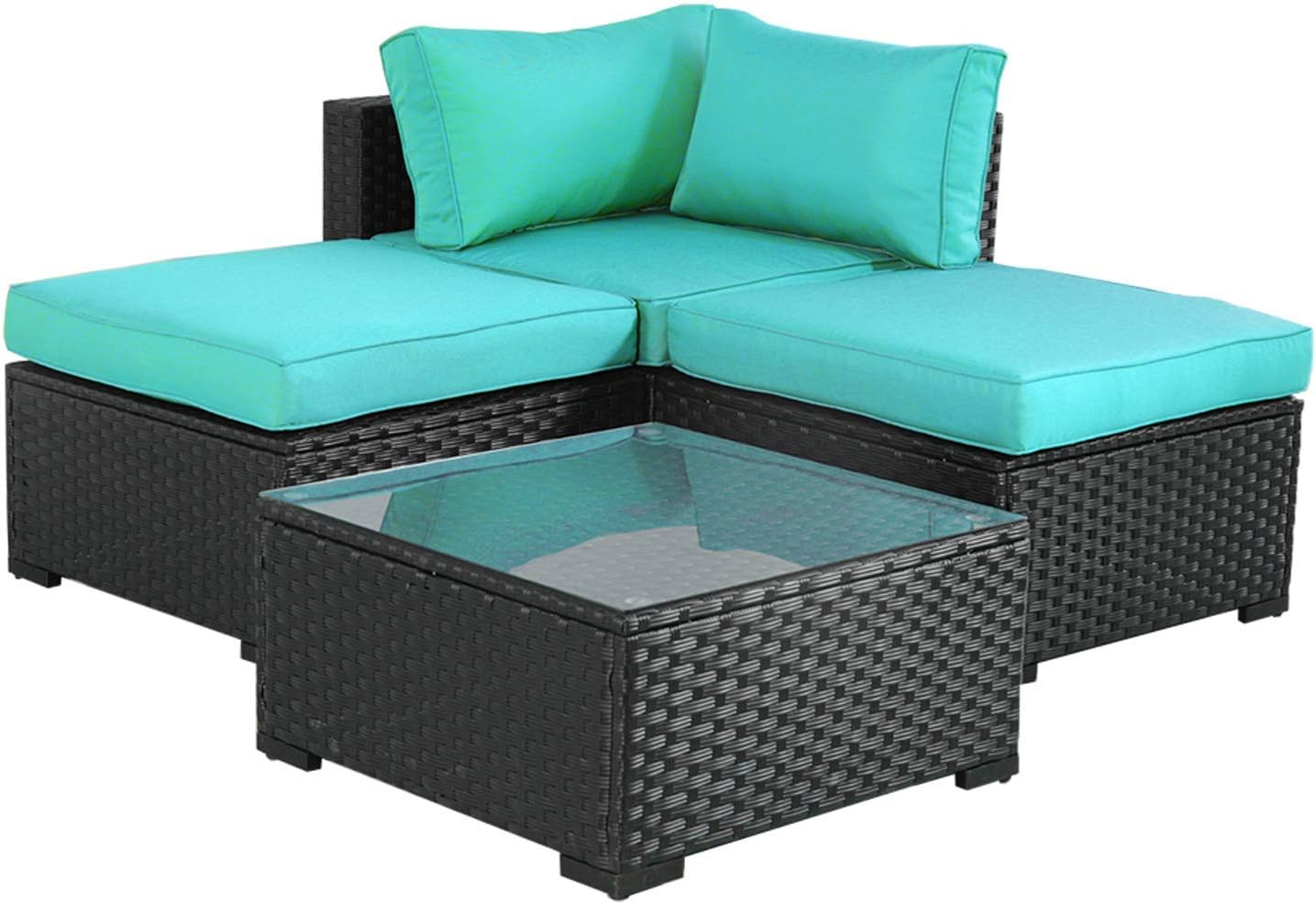Patio PE Wicker Furniture Set 4 Pieces Outdoor Black Rattan Sectional Conversation Sofa Chair with Cushions and Garden Sofa Set with Glass End Table, Turquoise
