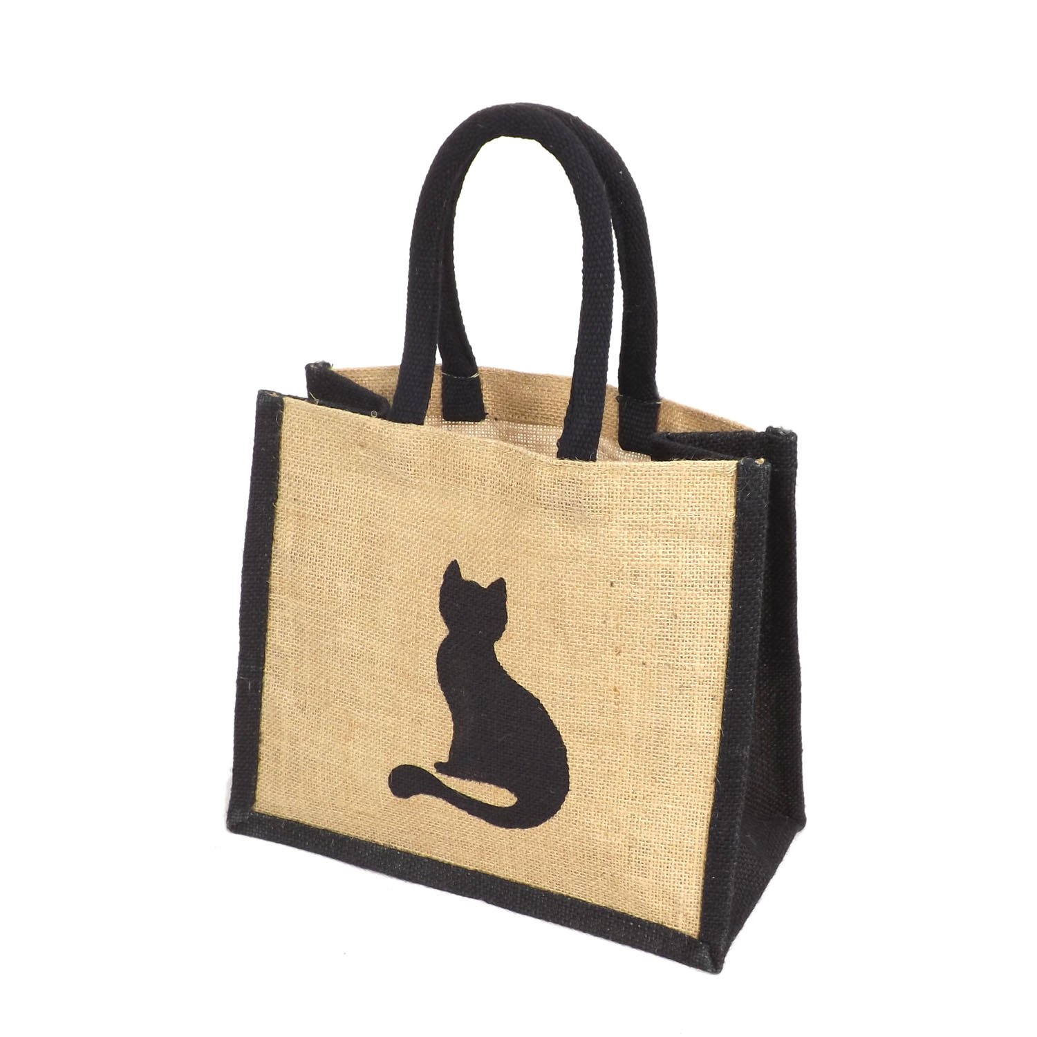 Yellowboots Jute Black Trim Lunch Gift Bag - Printed Cat Motif - 24cm high x 26cm Wide x 17cm Depth