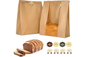 Pack of 30 Paper Bread Loaf Bag Kraft Food Packaging Storage Bakery Bag with Front Window, Label Seal sticker included (Style