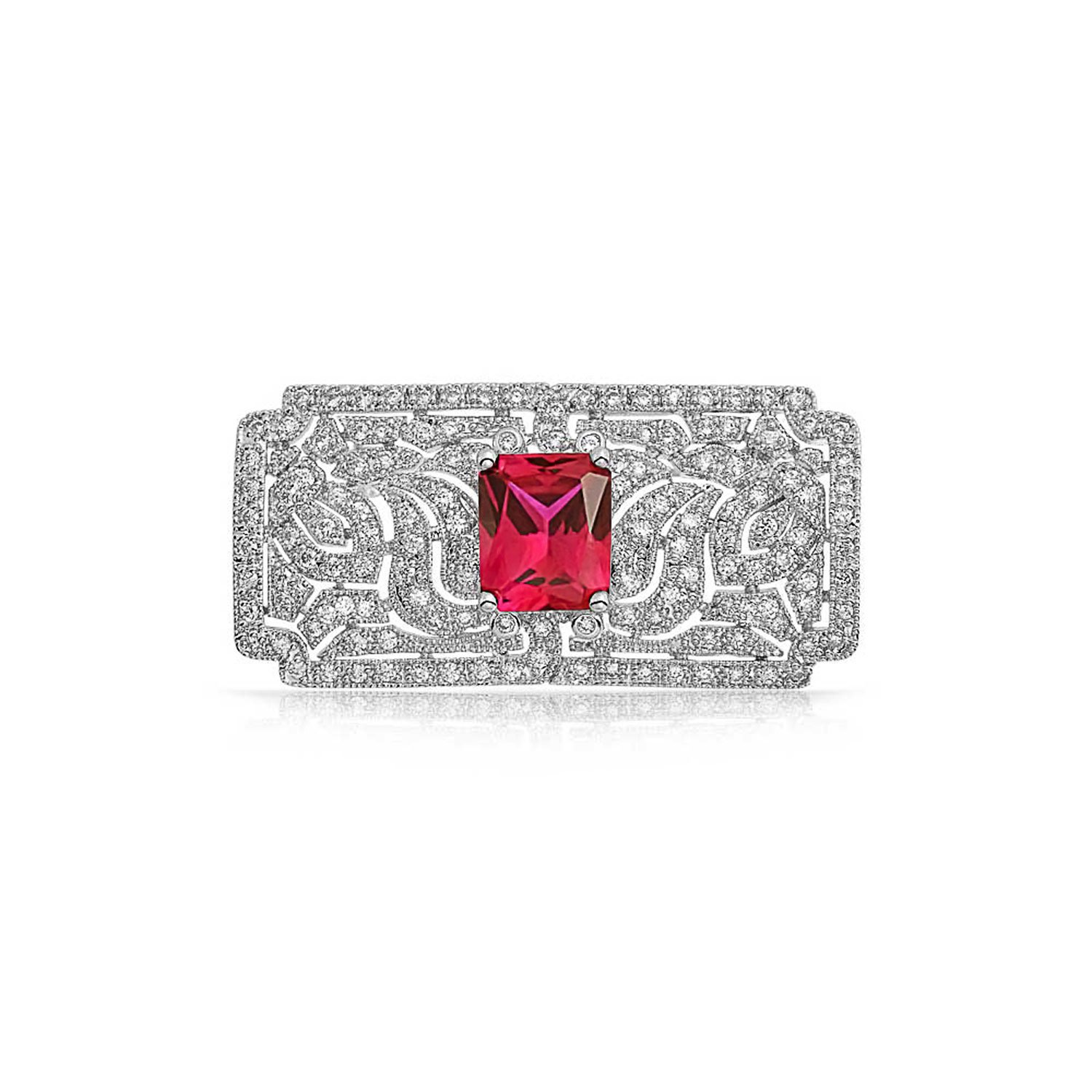 Big Vintage Estate Jewelry Simulated Red Ruby AAA CZ Rectangle Filigree Statement Art Deco Style Brooch Pin For Women Silver Plated